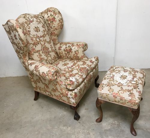 wing back armchair and near matching stool - CATEGORY: ANTIQUE CHAIRS - DATED 1900
