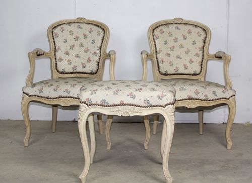 pair of armchairs with matching stool - CATEGORY: ANTIQUE CHAIRS - DATED 1930