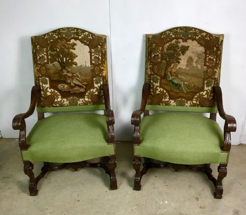 pair of 19 th cent walnut armchairs with tapestry - CATEGORY: ANTIQUE CHAIRS - DATED 19TH CENTURY