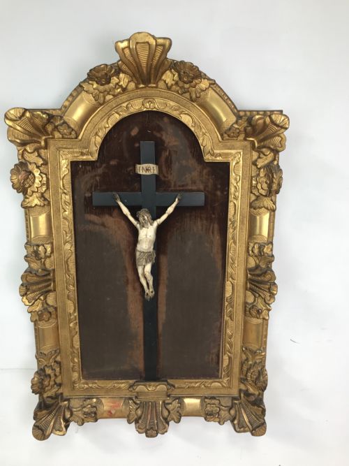 18th century french crucifix in carved gilt wood frame - CATEGORY: ANTIQUE MISCELLANEOUS - DATED 18TH CENTURY
