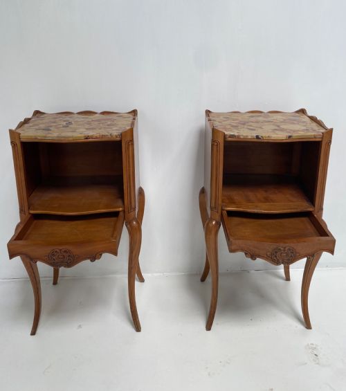 PAIR OF FRENCH CHERRYWOOD AND MARBLE TOP NIGHTSTANDS - ADDITIONAL PHOTO 3