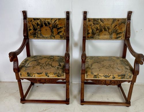 pair of french walnut armchairs with rams heads - CATEGORY: ANTIQUE CHAIRS - DATED 19TH CENTURY