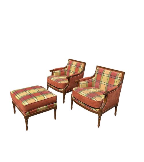 PAIR OF LARGE FRENCH ARMCHAIRS WITH MATCHING STOOL - ADDITIONAL PHOTO 3