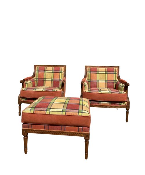 PAIR OF LARGE FRENCH ARMCHAIRS WITH MATCHING STOOL - ADDITIONAL PHOTO 4