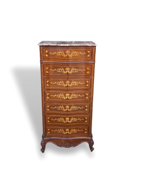 FRENCH MARQUETRY 7 DRAWER CHEST WITH MARBLE TOP - ADDITIONAL PHOTO 1