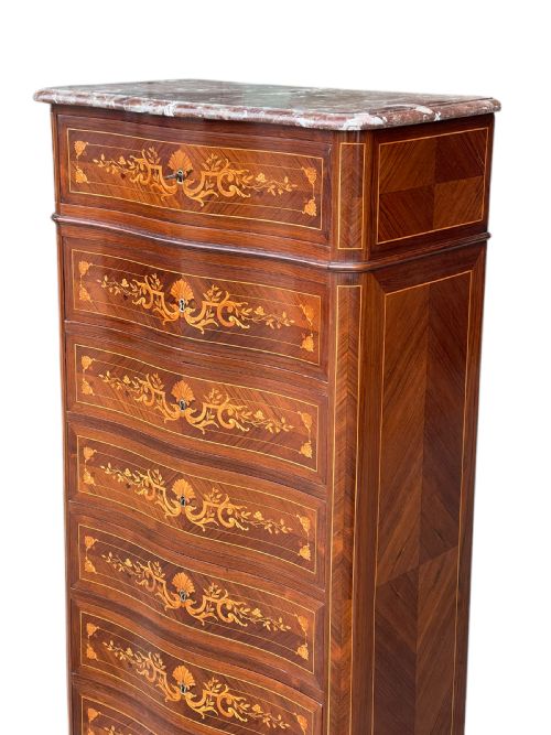 FRENCH MARQUETRY 7 DRAWER CHEST WITH MARBLE TOP - ADDITIONAL PHOTO 4