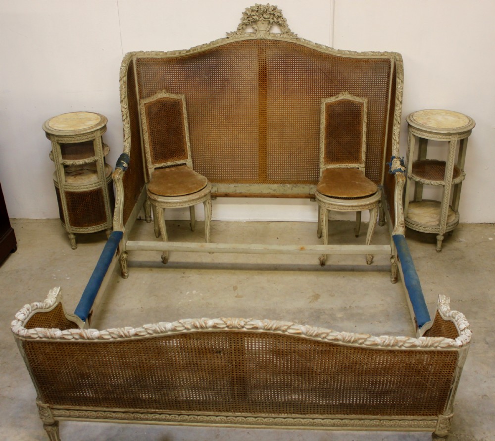 king size antique painted and cane bed 