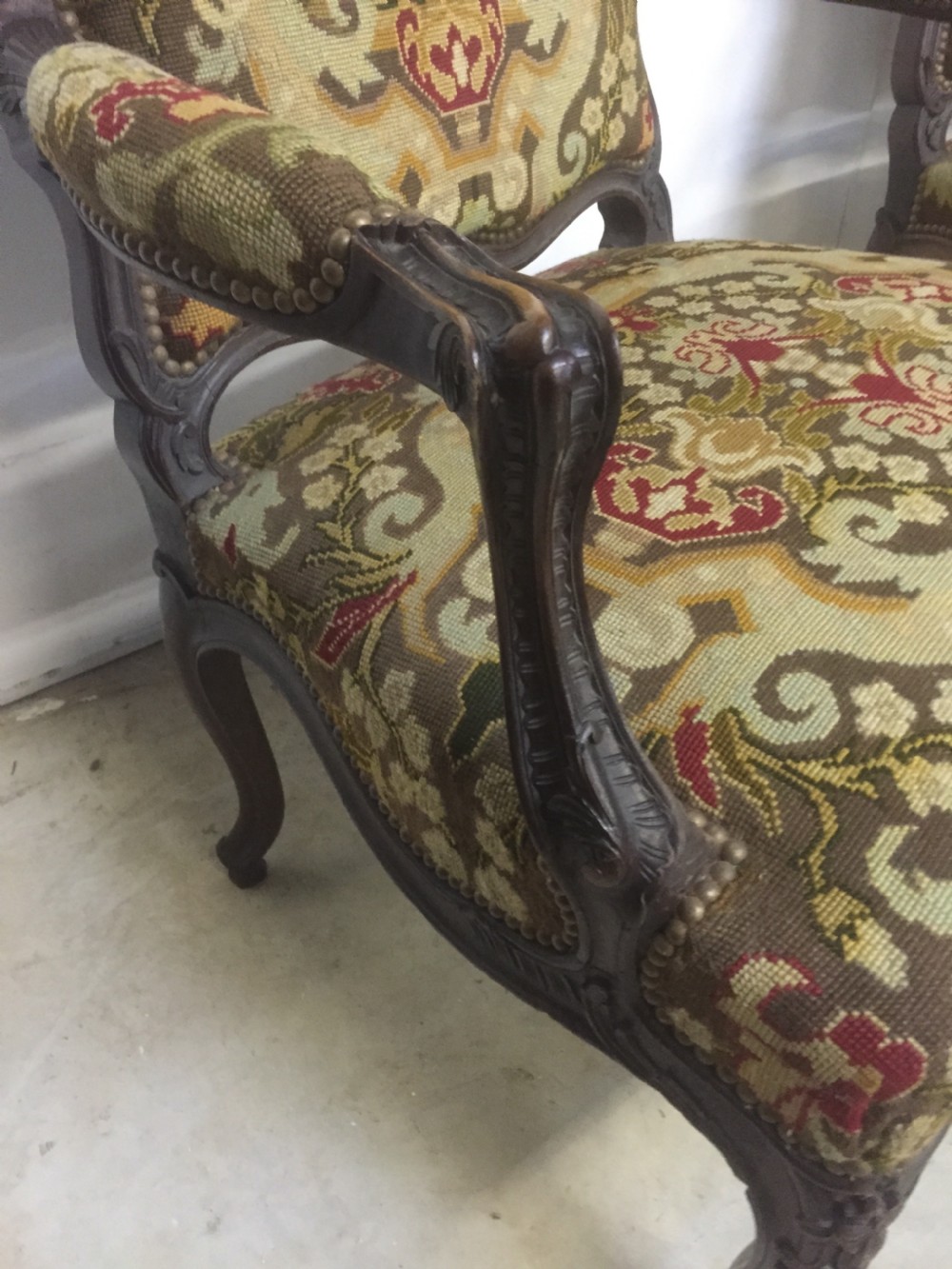 pair of walnut and tapestry armchairs View VII
