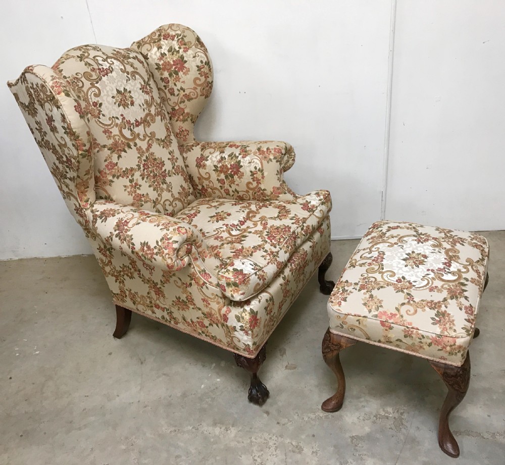 Wing back armchair and near matching stool