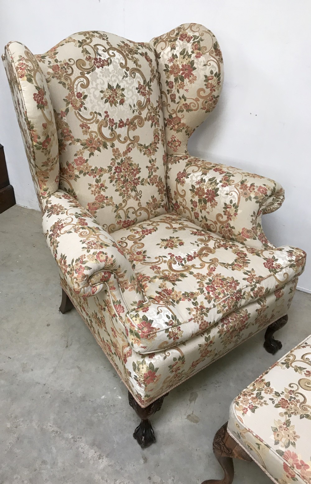 Wing back armchair and near matching stool View III