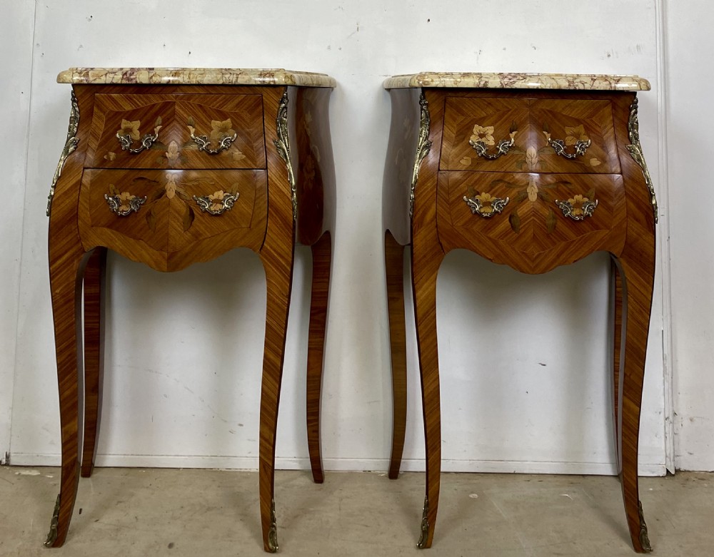 Pair of French Marquetery and Ormolu Mounted Nightstands 