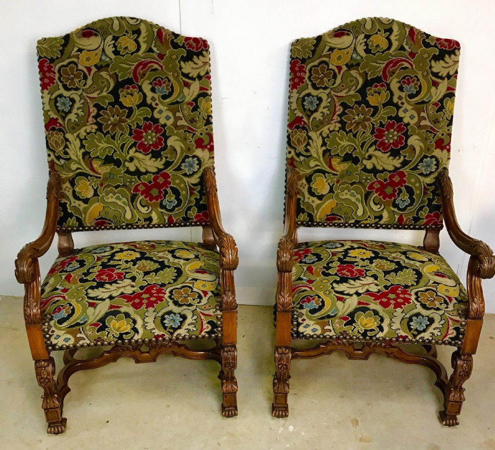 Large pair of french walnut armchairs 