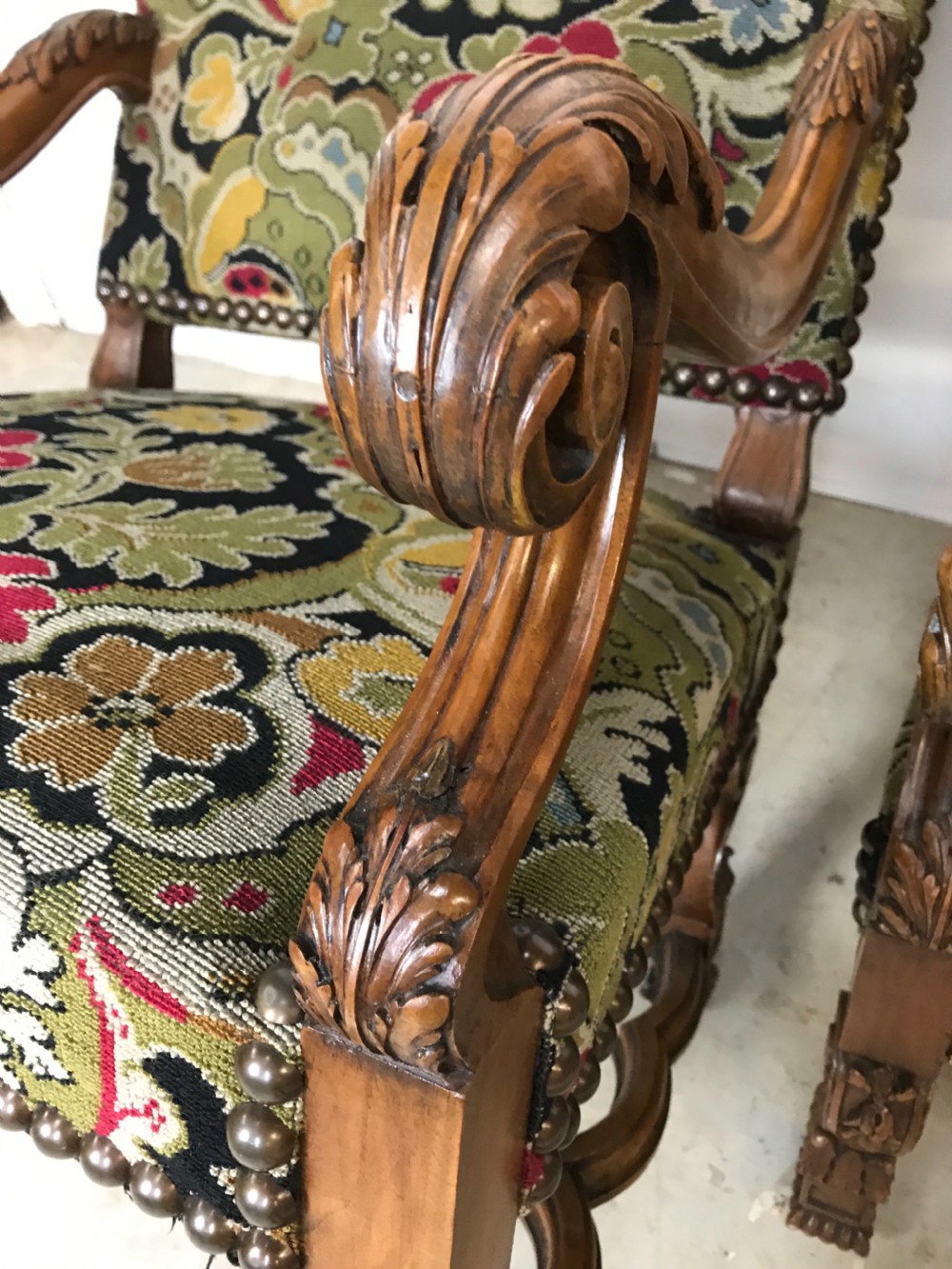 Large pair of french walnut armchairs  View X