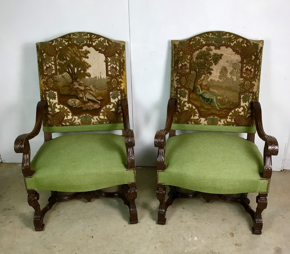 Pair of 19 th cent walnut armchairs with tapestry 