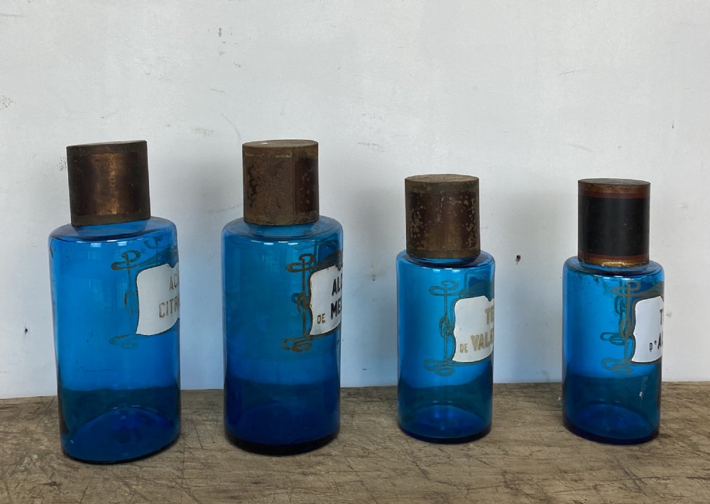 Four Blue Apothecary Bottles View IV