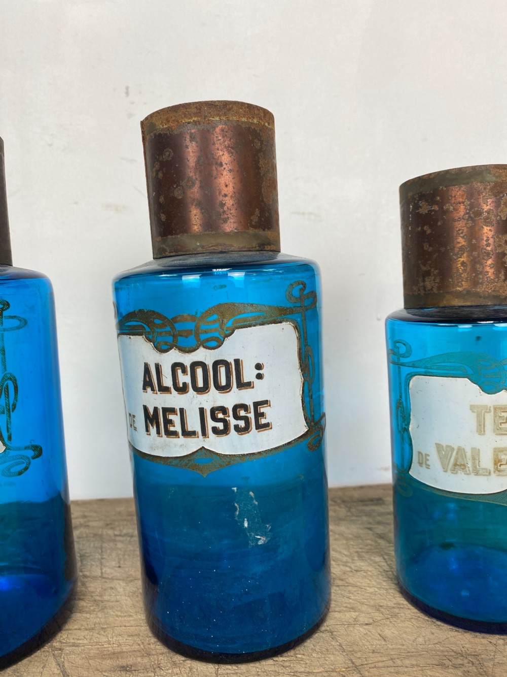 Four Blue Apothecary Bottles View V