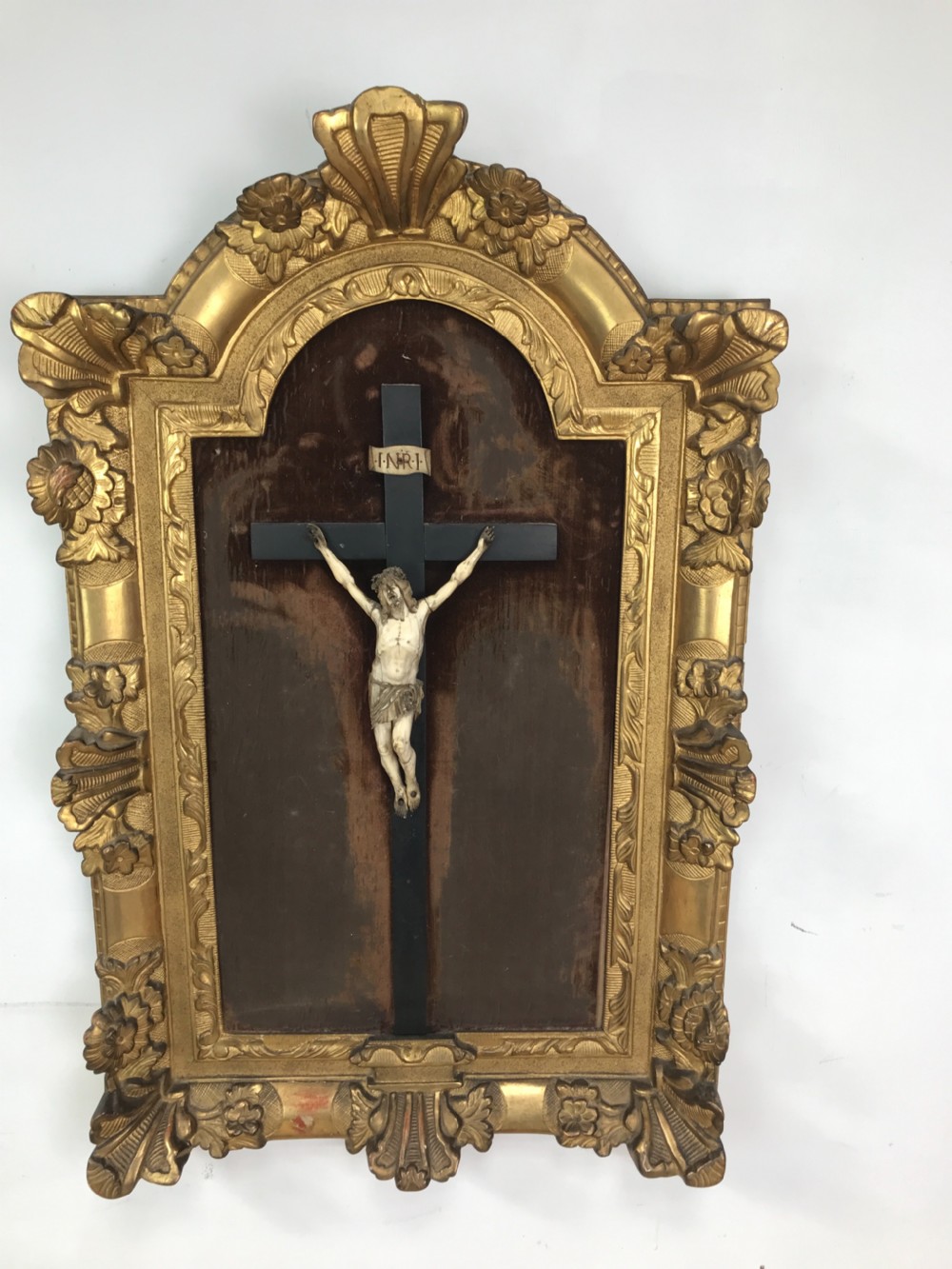 18th Century French Crucifix In carved Gilt wood frame 