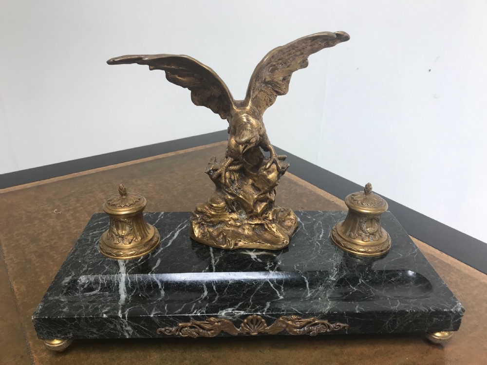 A French gilt bronze eagle sculpture mounted on a black marble base with two lidded ink pots, a pen recess, and an accompanying rocker blotter. View III