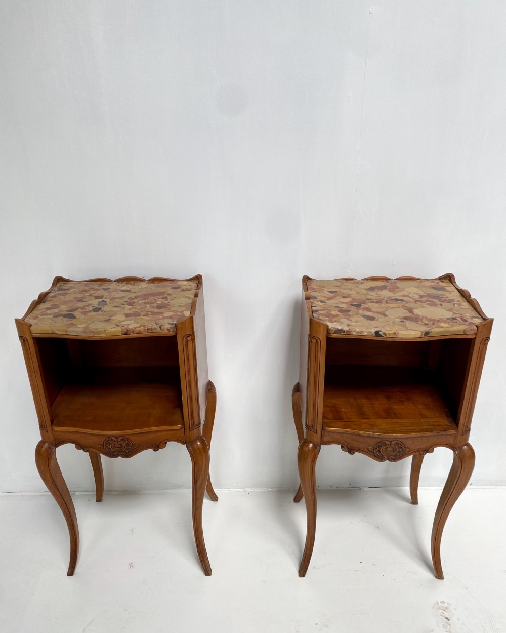 Pair of French Cherrywood and Marble top Nightstands View II