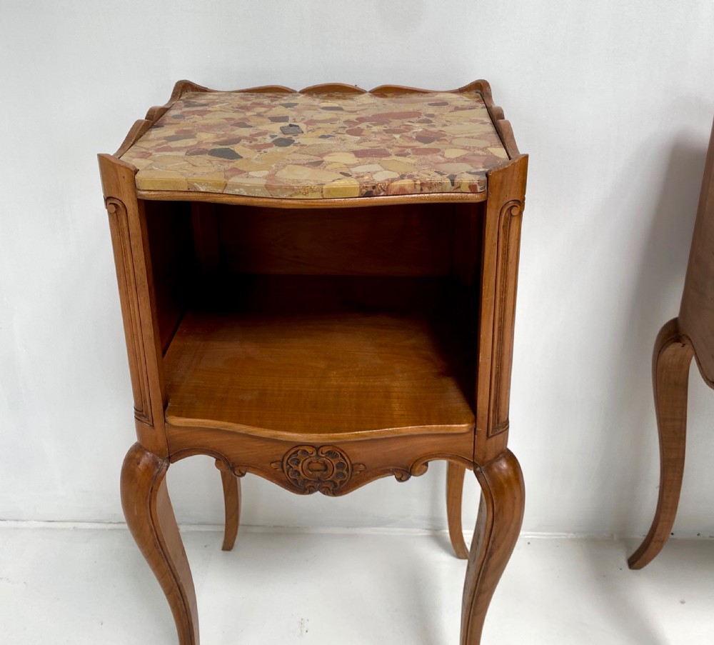 Pair of French Cherrywood and Marble top Nightstands View III