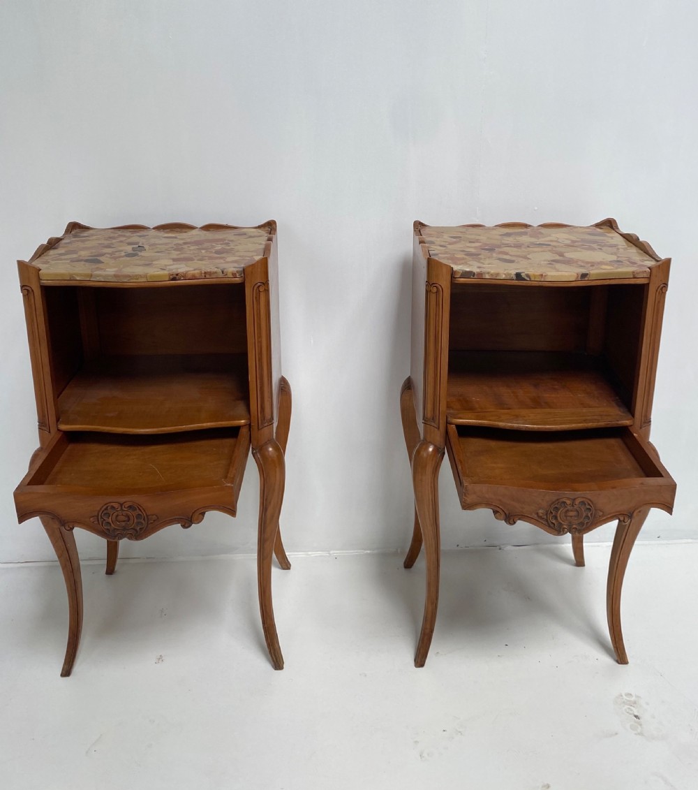 Pair of French Cherrywood and Marble top Nightstands View IV