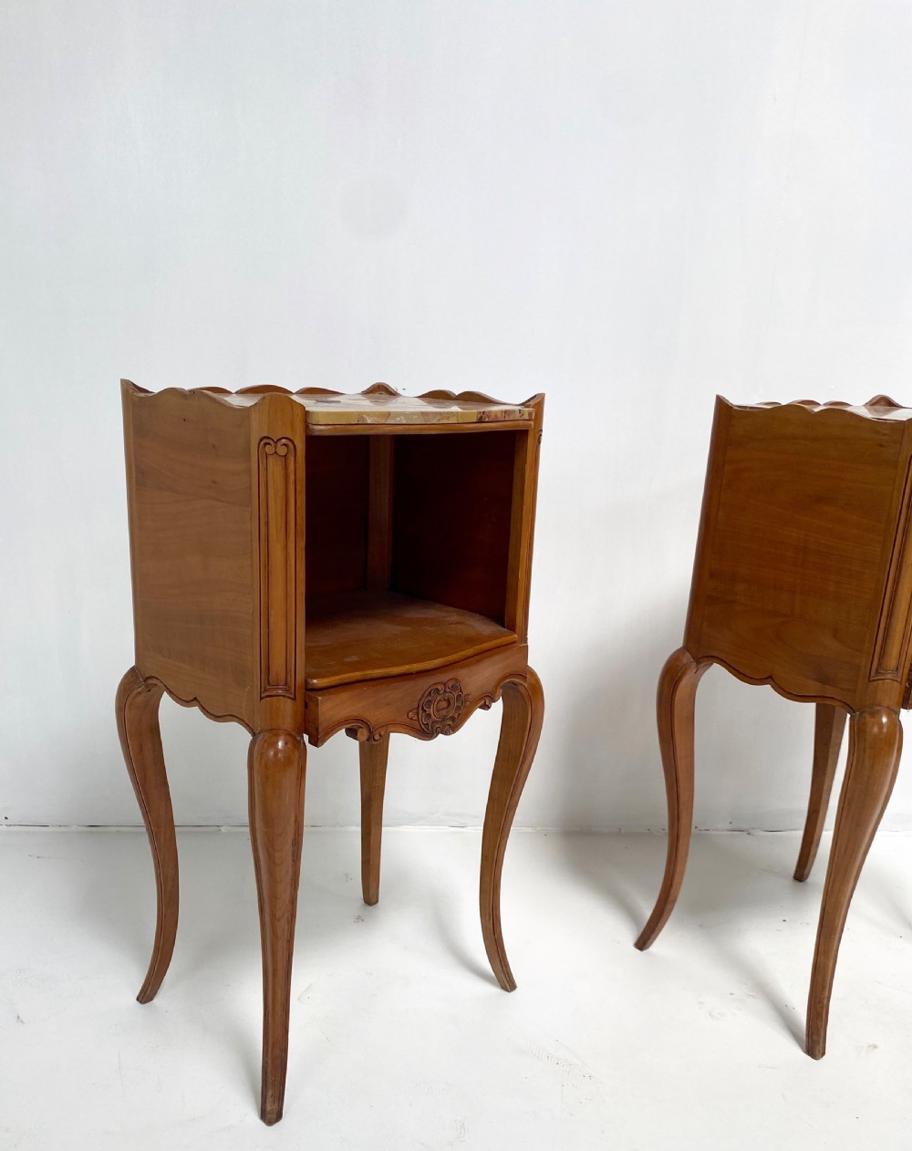 Pair of French Cherrywood and Marble top Nightstands View XI