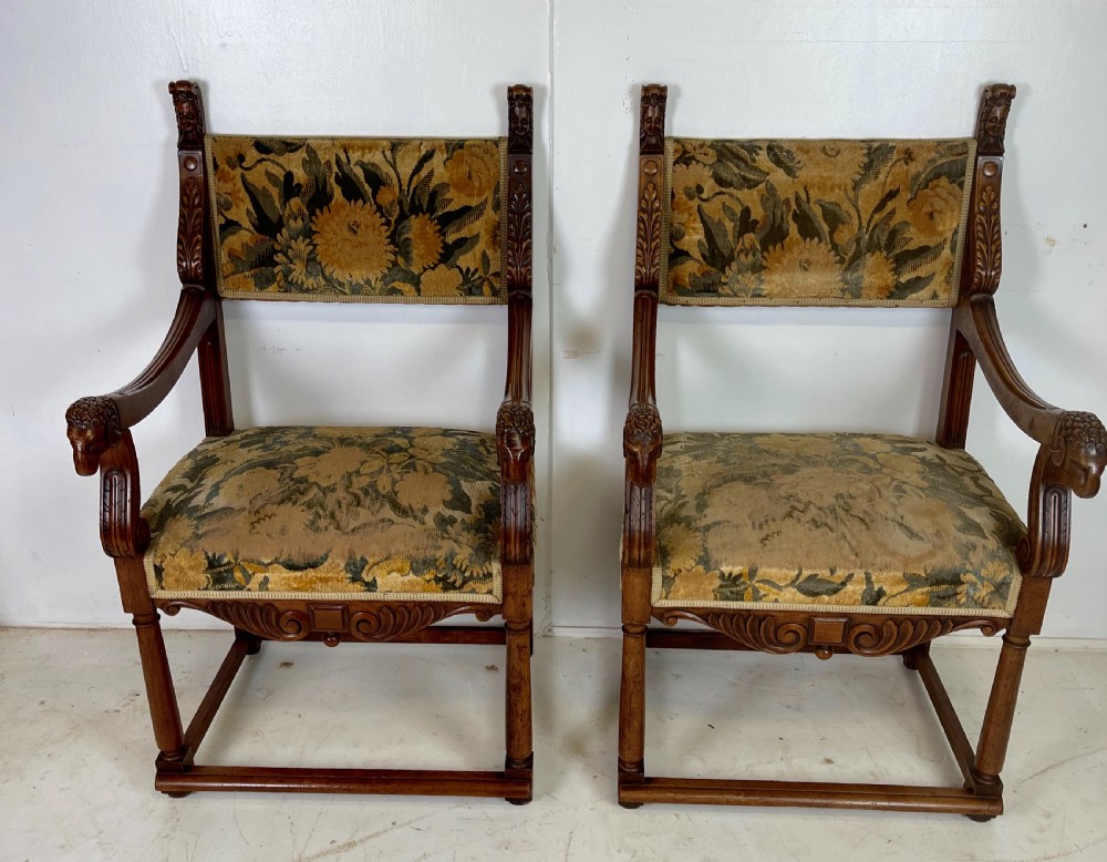 Pair Of French Walnut Armchairs With Rams Heads 
