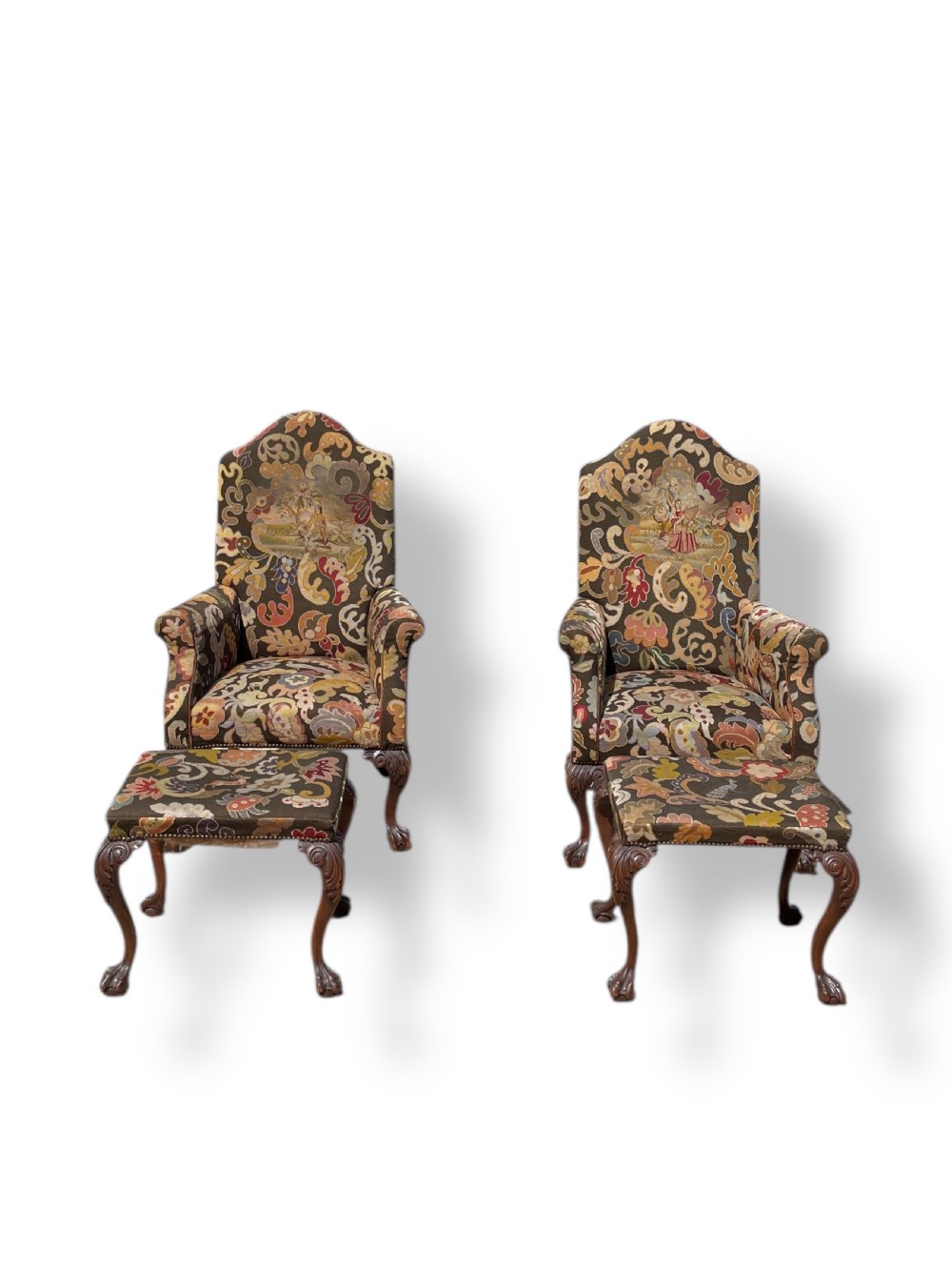 Pair of Ball and Claw Wingback Chairs with Stools
