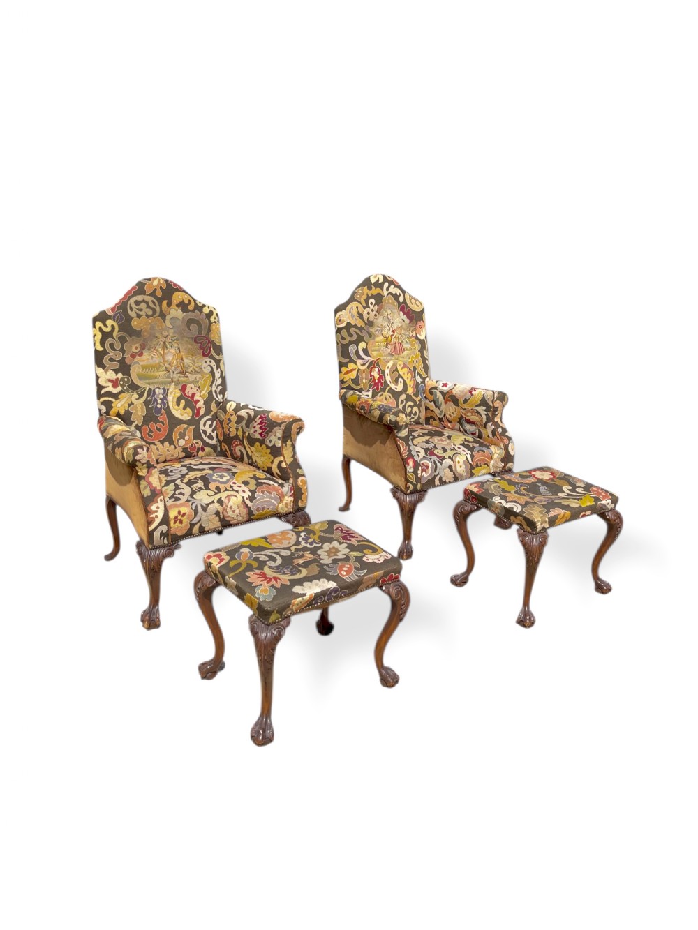 Pair of Ball and Claw Wingback Chairs with Stools View II