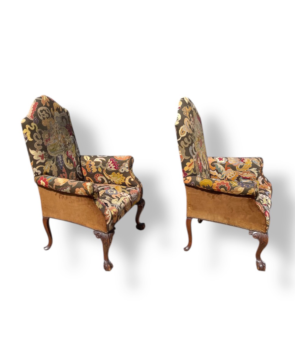 Pair of Ball and Claw Wingback Chairs with Stools View X