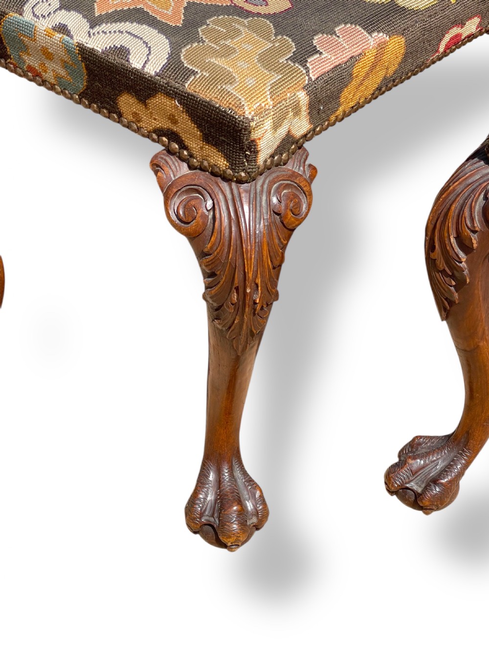 Pair of Ball and Claw Wingback Chairs with Stools View XIV