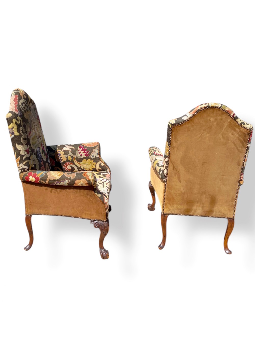 Pair of Ball and Claw Wingback Chairs with Stools View XV