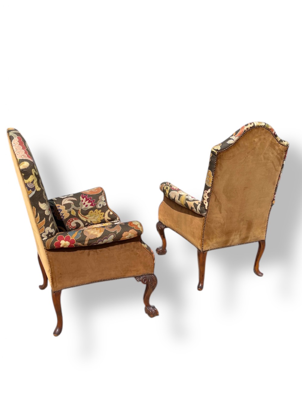 Pair of Ball and Claw Wingback Chairs with Stools View XVI