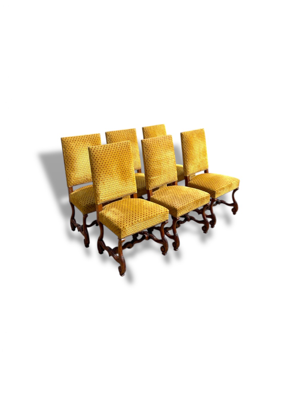 A set of six French walnut dining chairs upholstered in gold patterned fabric with carved wooden legs and stretchers. View III