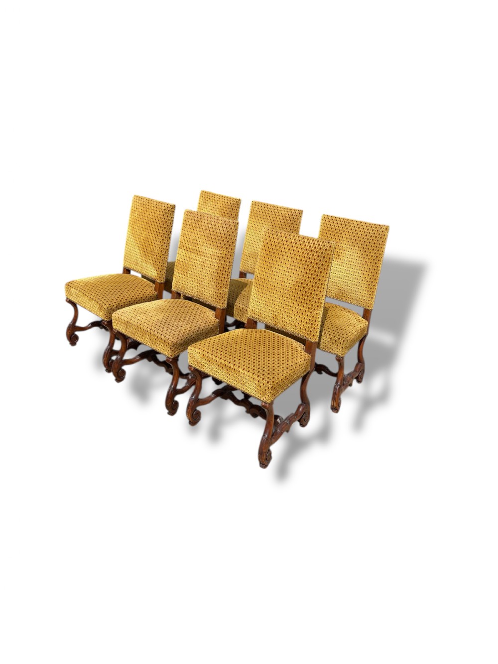 A set of six French walnut dining chairs upholstered in gold patterned fabric with carved wooden legs and stretchers. View V