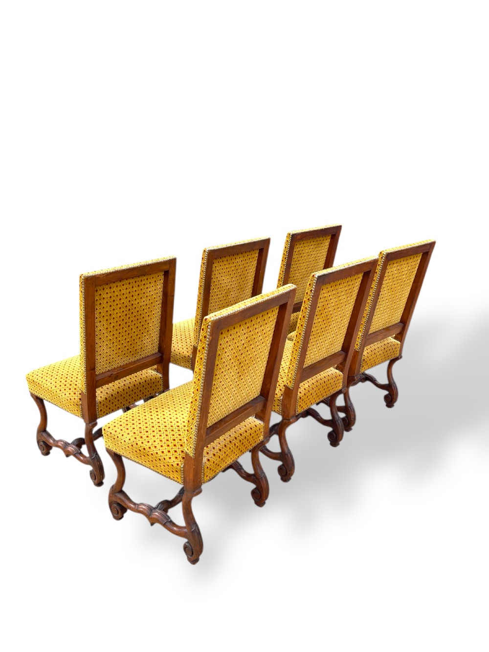 A set of six French walnut dining chairs upholstered in gold patterned fabric with carved wooden legs and stretchers. View XI