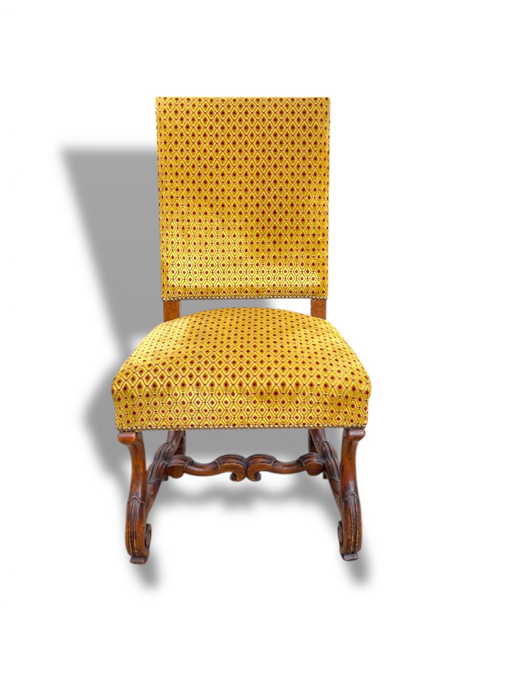 A set of six French walnut dining chairs upholstered in gold patterned fabric with carved wooden legs and stretchers. View XII