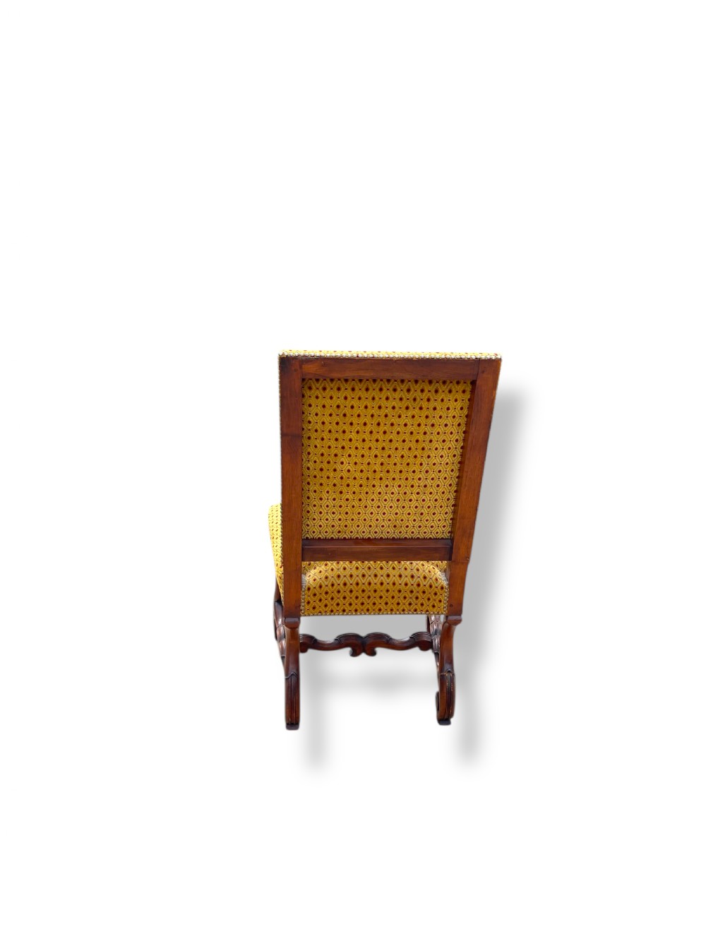 A set of six French walnut dining chairs upholstered in gold patterned fabric with carved wooden legs and stretchers. View XV