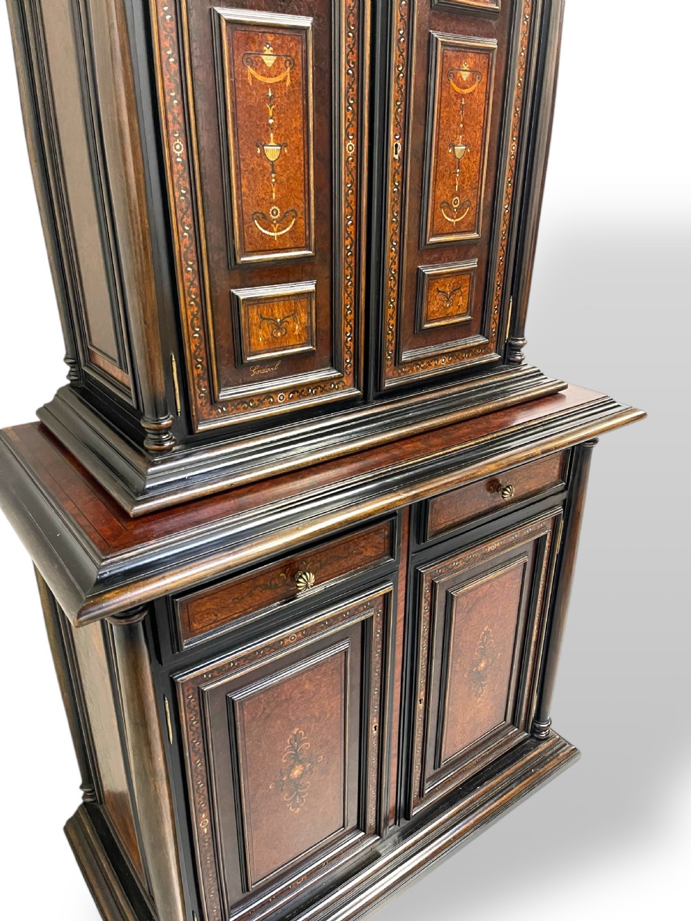 A two-part dark walnut Spanish buffet cabinet featuring detailed marquetry and bone inlay across four panelled cupboard doors and two upper drawers. View VII