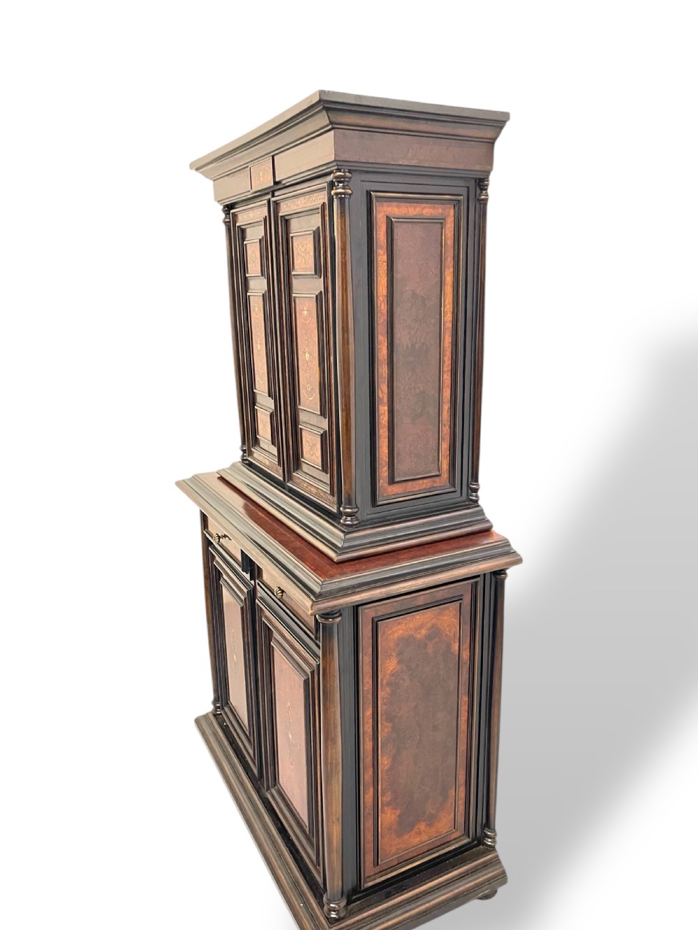 A two-part dark walnut Spanish buffet cabinet featuring detailed marquetry and bone inlay across four panelled cupboard doors and two upper drawers. View VIII