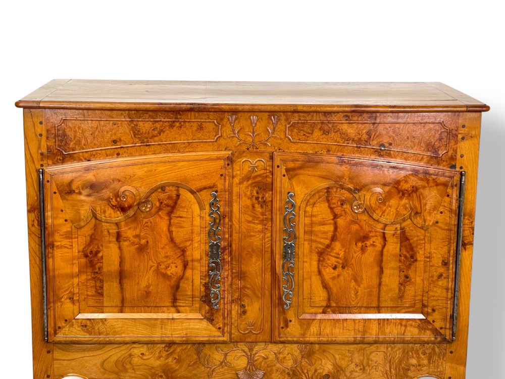 A French burr elm provincial dresser featuring two panelled doors with intricate grain patterns, steel escutcheons, a carved apron, and cabriole legs. View II
