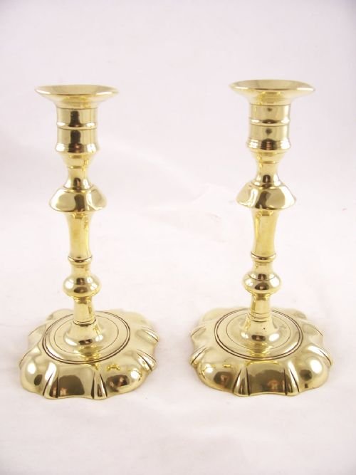 Pair of 18th C Petal Base Brass Candlesticks