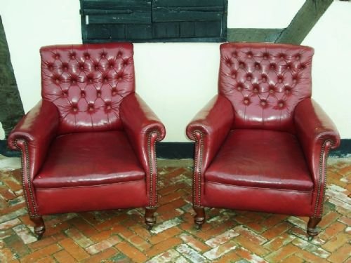 Large Pair of 19th C Leather Armchairs