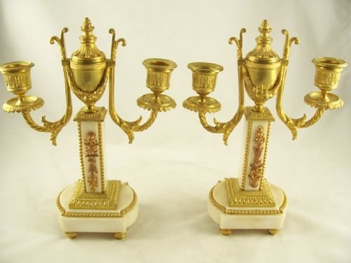 Pair of 19th C Ormolu and Marble Candlesticks