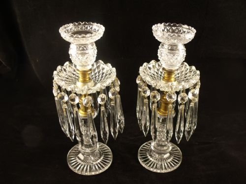 Pair of 19th C Cut Glass Lustre Candlesticks