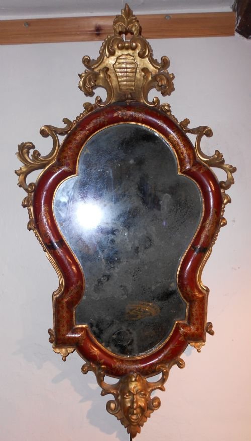19th C Gilt and Red Lacquer Mirror