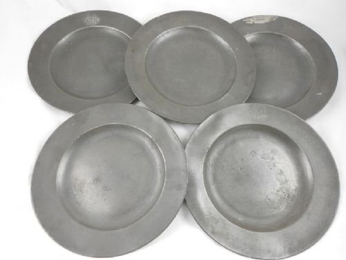 Set of Five 18th C Pewter Plates