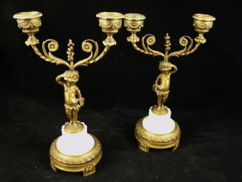 Pair of Gilt Brass and Marble Candlesticks