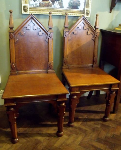 Pair of Mid 19th C Gothic Oak Hall Chairs
