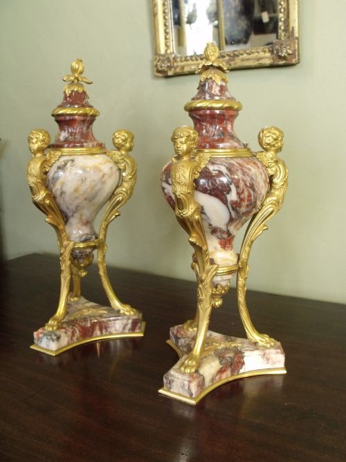 Pair of 19th C Marble & Ormolu Vases